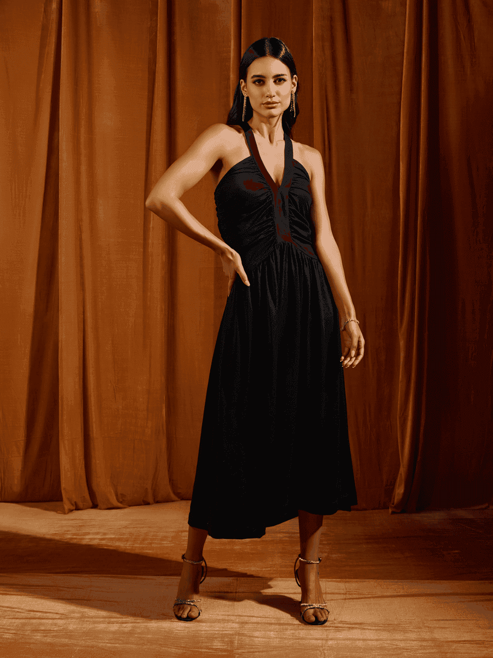 Black Ruched Cross Strapped Midi Dress, a product by tara and i