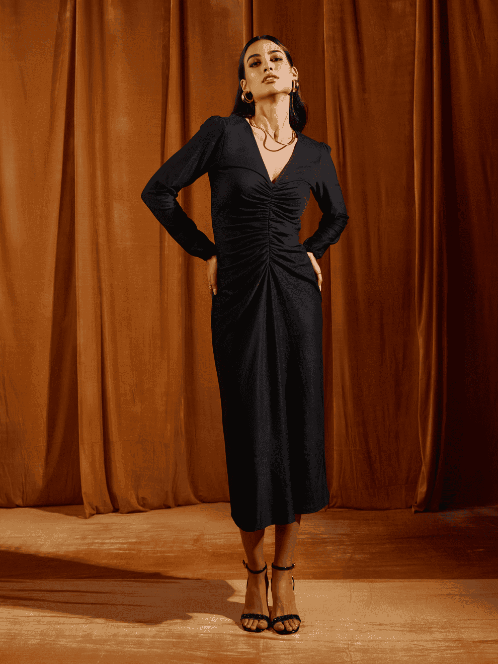 Black Ruched Full Sleeve Midi Dress, a product by tara and i