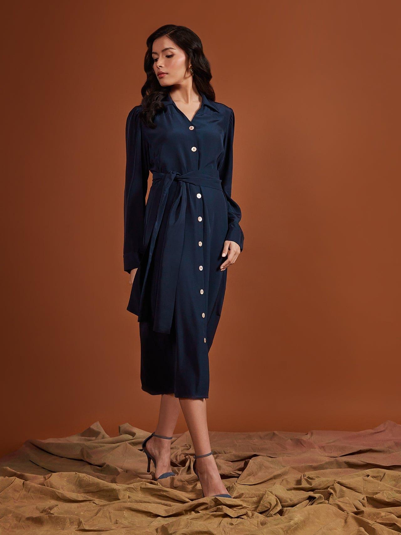 Navy Pearl Satin Shirt Dress, a product by tara and i
