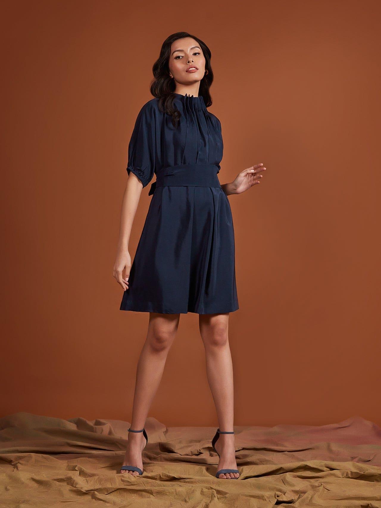 Navy Pearl Satin High Neck Pleated Dress, a product by tara and i