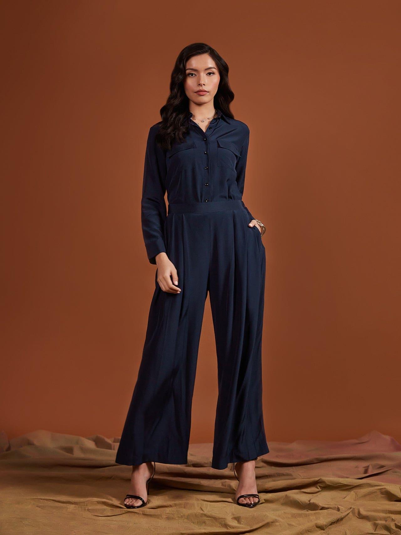 Navy Pearl Satin Trousers, a product by tara and i