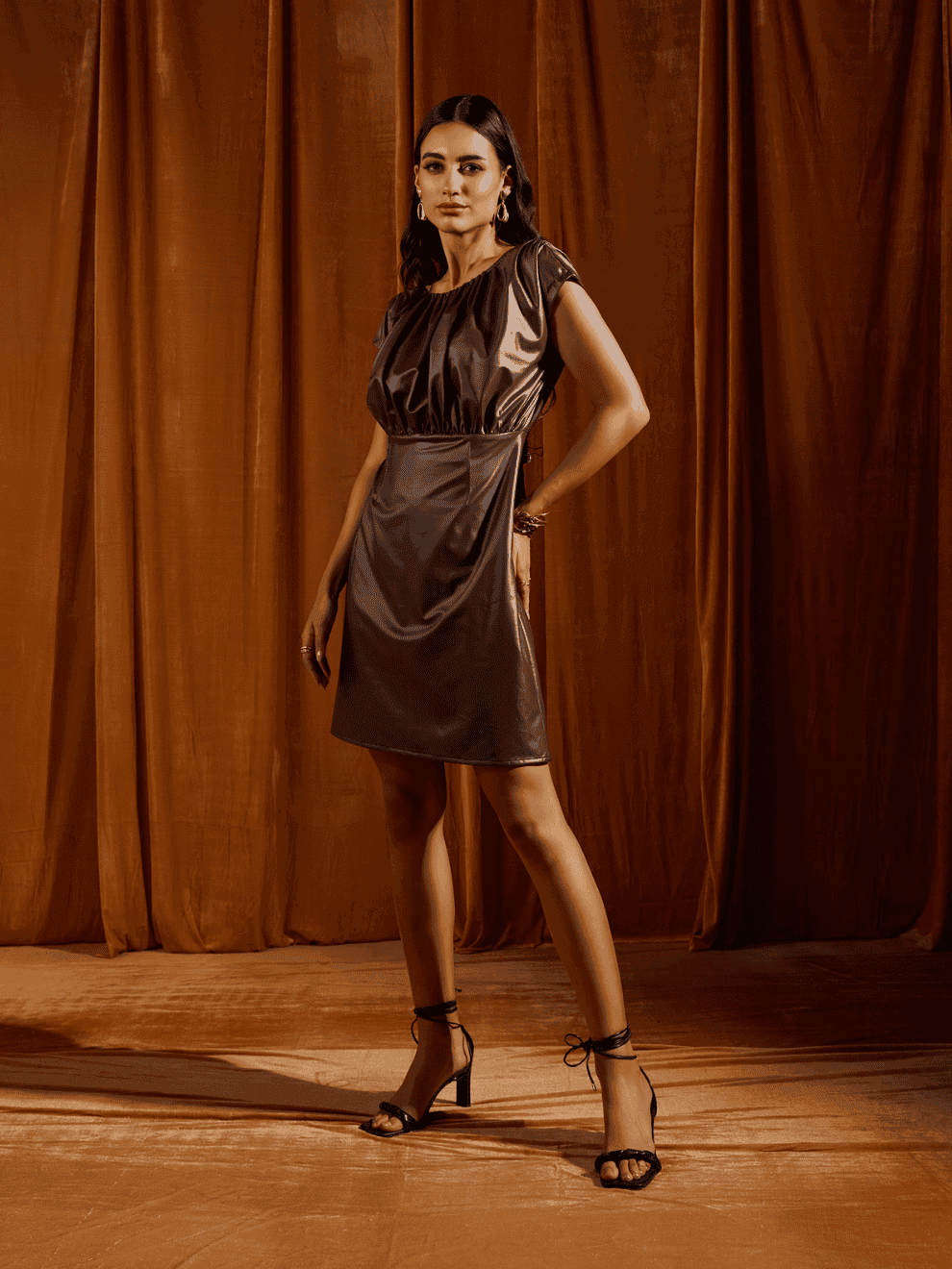 Mocha Faux Leather Ruched Shift Dress, a product by tara and i