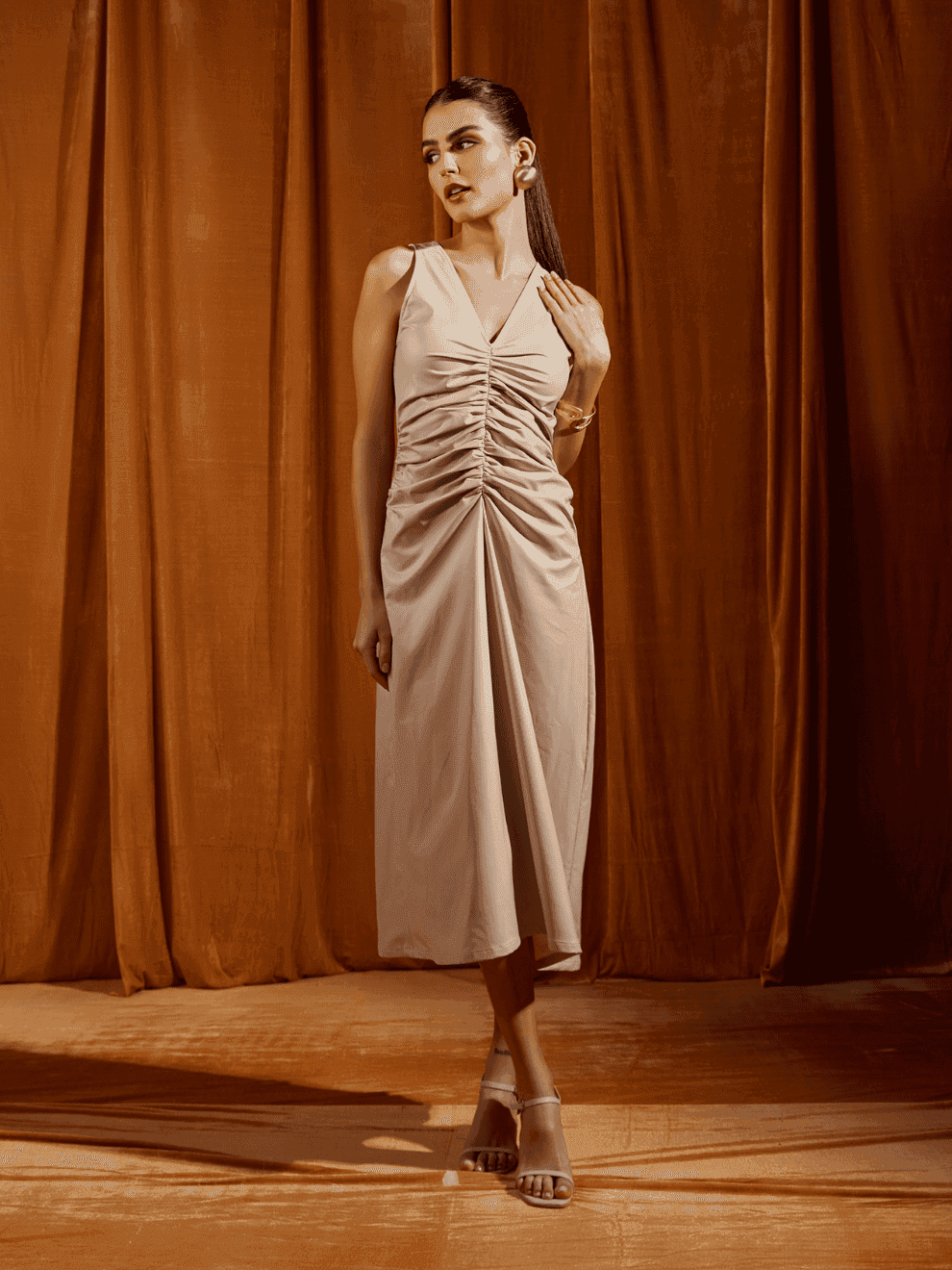 Crème Faux Leather Ruched Midi Dress, a product by tara and i